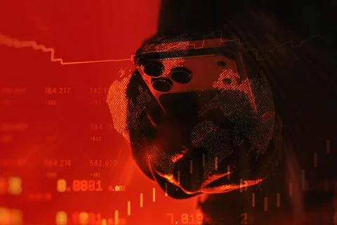 Smartphone held in hand with global data visualization and financial charts.. Foto stock