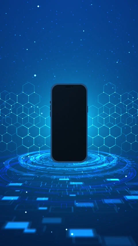 Smartphone hexagon tech blank mobile screen, glowing blue platform, honeycomb Stock Footage 340526669