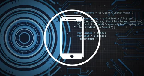 Smartphone icon and coding animation over digital circuit background Stock Footage 310821265