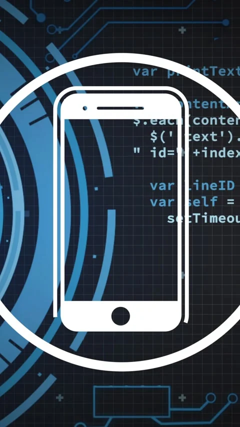 Smartphone icon and coding animation over digital circuit background Stock Footage 320444372