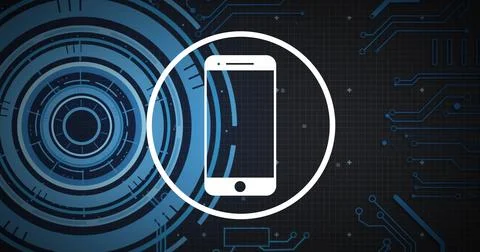 Smartphone icon and coding image over digital circuit background Stock Photos