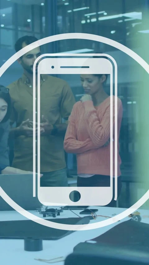 Smartphone icon animation over diverse team collaborating in modern office Stock Footage 342015656