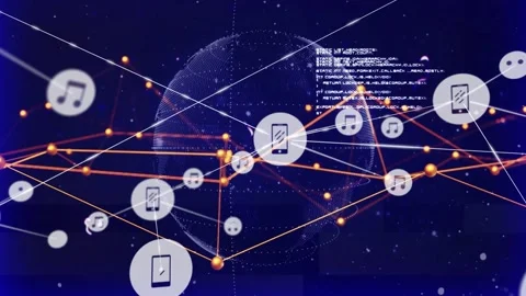 Smartphone icon appearing over globe, nodes tracing mesh, icons growing, showing Stock Footage 332469397
