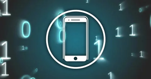 Smartphone icon with binary code animation over dark blue background Stock Footage 306433286