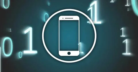 Smartphone icon with binary code image over dark blue background Stock Photos