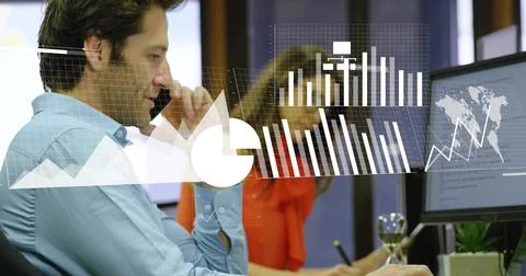 Smartphone icon fading in causing man taking call while typing and discussing Stockfoto's