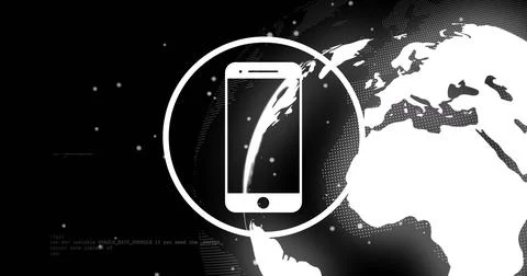 Smartphone icon image over digital globe and data processing background Stock Photos