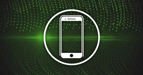 Smartphone icon inside circle over green binary code animation Stock Footage 306433273