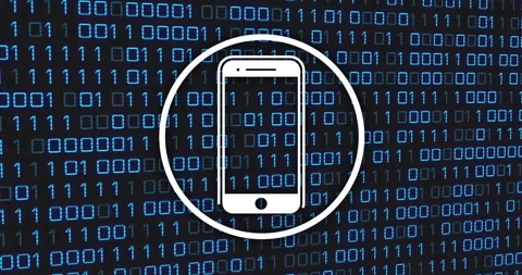 Smartphone icon inside circle over binary code animation Stock Footage 306433338