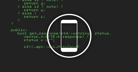 Smartphone icon over green programming code on black background 库存照片