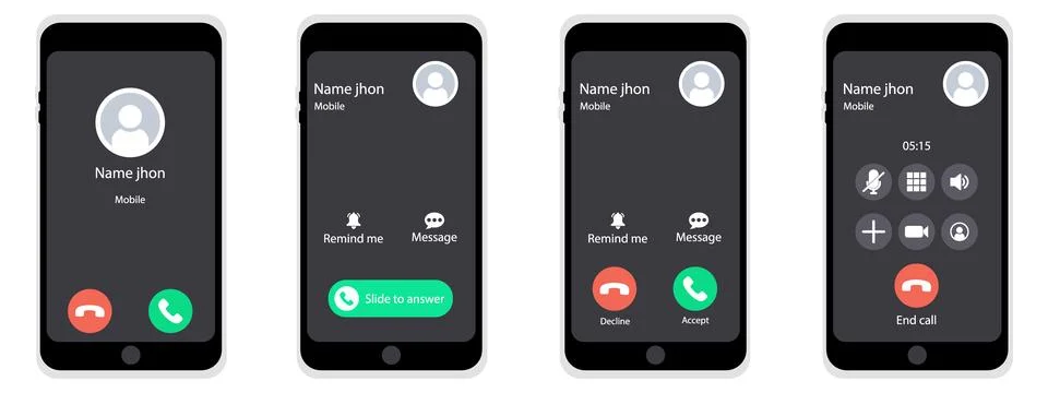 Smartphone incoming call screen interface set with dark background. Stock Illustration