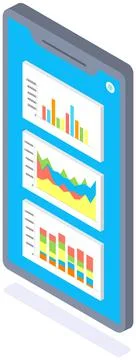 Smartphone with infographic, graph and diagram on screen. Statistical mobile Stock Illustration