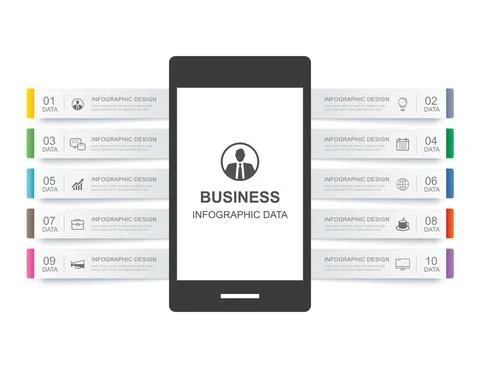 Smartphone infographic template with 10 data for business. Stock Illustration