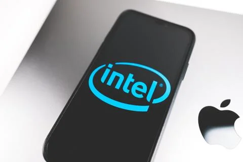 Smartphone with Intel logo on the screen. 스톡 사진