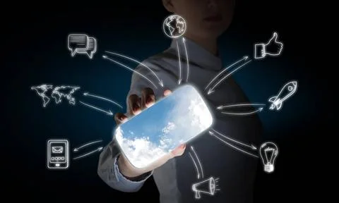 Smartphone interface application Hand holding smartphone and apps icons fl... 스톡 사진