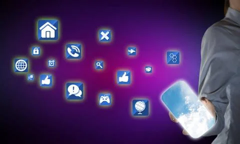 Smartphone interface application Hand holding smartphone and apps icons fl... 스톡 사진