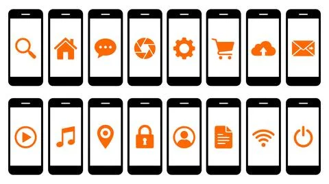 Smartphone interface application icons set arranged in two horizontal rows Illustration