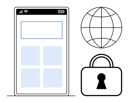 Smartphone interface with a global web icon and a padlock symbol representi.. Stock Illustration