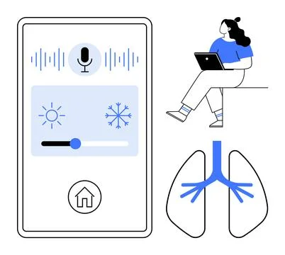 Smartphone interface with voice icon and temperature control user with laptop Stock Illustration