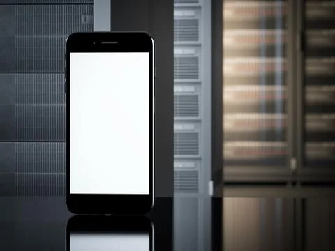 Smartphone in interior of server room. 3d rendering 库存照片
