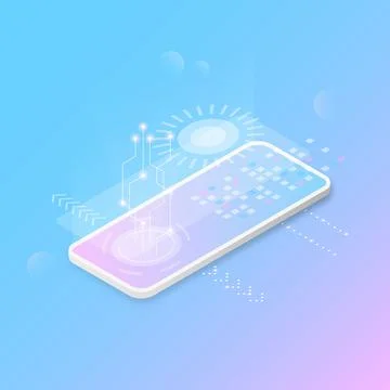 Smartphone in isometry glowing on a gradient background isolated Stock-Illustration
