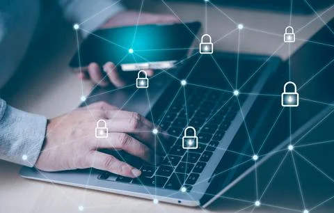 Smartphone with keys security on the virtual display, Hand touch technology w Stock Photos