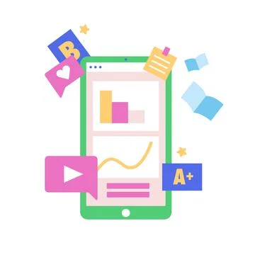 Smartphone with labels of online web activity. Stock Illustration