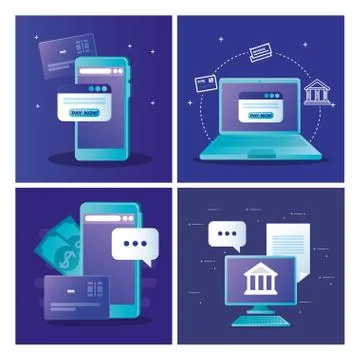 Smartphone laptop computer and website with pay now button vector design Illustrazione stock