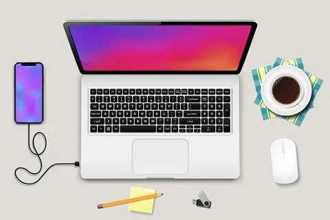 Smartphone, laptop, mouse, pencil, flash drive and coffee cup top view. Rea.. Stock Illustration