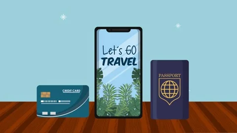 Smartphone with let's go travel text credit card and passport motion graphi.. Vídeo Stock 338314825