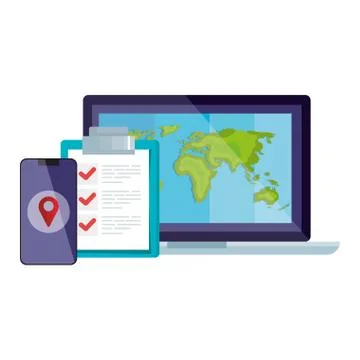 Smartphone list document and world map inside laptop vector design Stock Illustration
