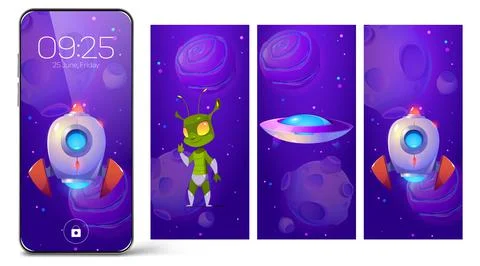 Smartphone lock screens with cartoon alien, rocket Stock Illustration