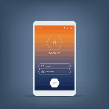 Smartphone login menu. Mobile user interface with gradient background and Illustrazione stock
