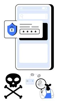 Smartphone login with password, shield symbol, and hacker elements emphasiz.. Illustrazione stock