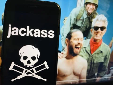Smartphone with the logo of Jackass, Jackass Forever The US film of 2022, Rus Stock Photos