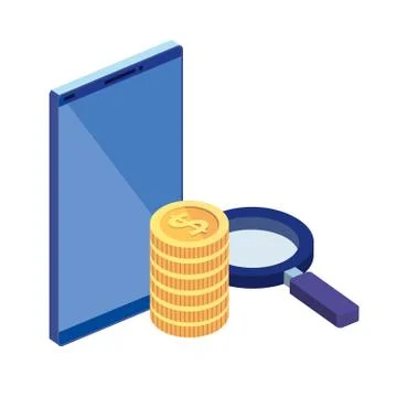 Smartphone with magnifying glass and stack coins Illustrazione stock