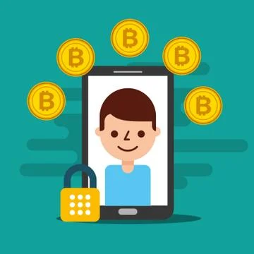 Smartphone man on screen cyber security bitcoin Stockillustratie
