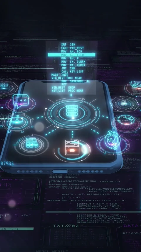 Smartphone that manages data flow and connections in futuristic cyberspace Stock Footage 345667370