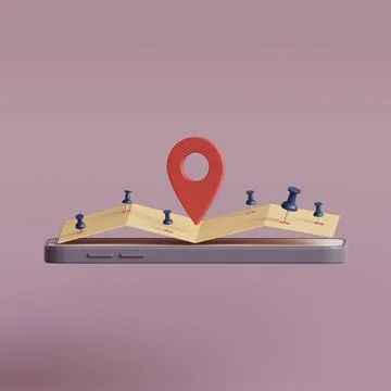 Smartphone with map, 3D Map pins, GPS, navigator pin checking points. Eleme.. Illustrazione stock