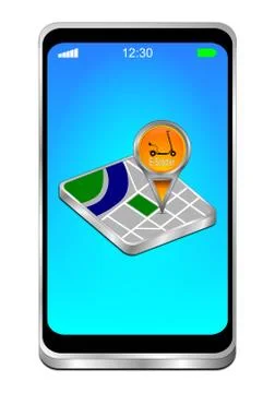 Smartphone with Map pointer with E-Scooter - 3D illustration 스톡 일러스트