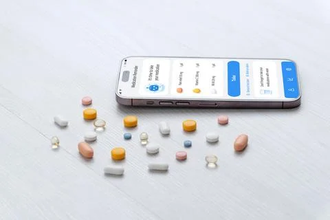 Smartphone with medication reminder interface and pills, digital healthcare.. 스톡 사진