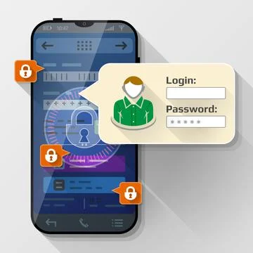 Smartphone with message bubble about login Illustrazione stock
