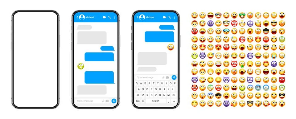 Smartphone messaging app, user interface design with emoji. SMS text frame. Chat Stock Illustration