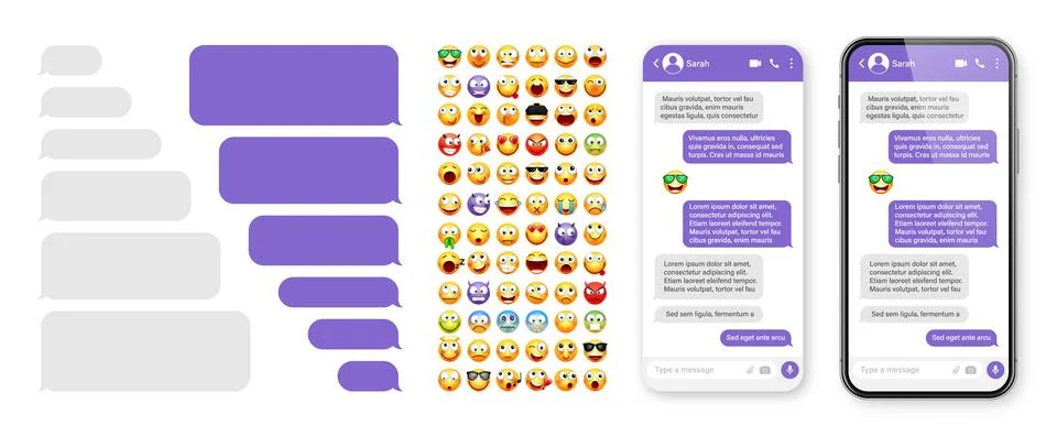 Smartphone messaging app, user interface design with emoji. SMS text frame. Chat イラスト素材