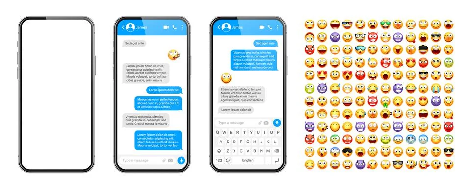 Smartphone messaging app, user interface design with emoji. SMS text frame. Chat イラスト素材