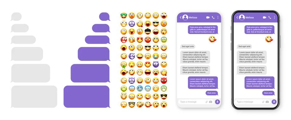 Smartphone messaging app, user interface design with emoji. SMS text frame. Chat Stock Illustration