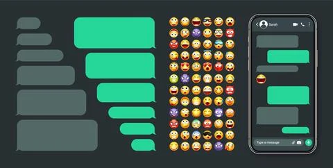 Smartphone messaging app, user interface with emoji. SMS text frame. Chat screen Stock Illustration