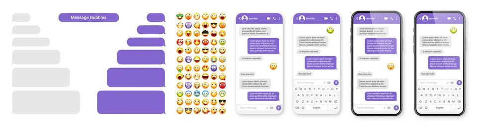 Smartphone messaging app, user interface design with emoji. SMS text frame. Chat 스톡 일러스트