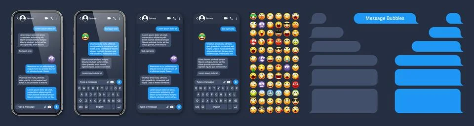 Smartphone messaging app, user interface with emoji. SMS text frame. Chat screen Stock Illustration