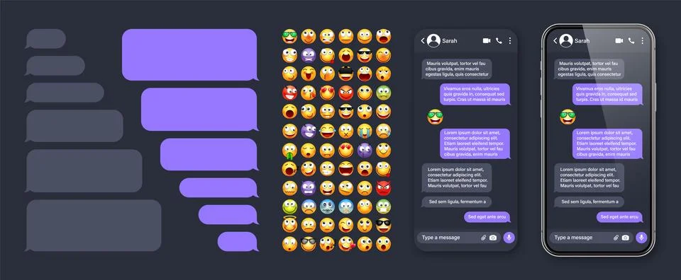 Smartphone messaging app, user interface with emoji. SMS text frame. Chat screen Stock-Illustration